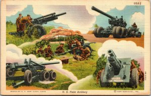 Vtg 1940's US Army Field Artillery WWII Era WW2 Guns Soldiers Linen Postcard