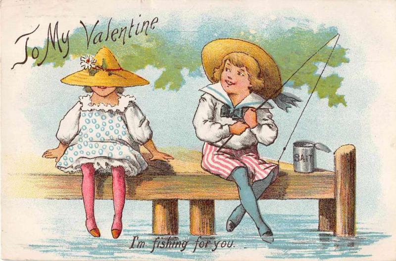 Valentines Greetings Fishing Antique Postcard J53200