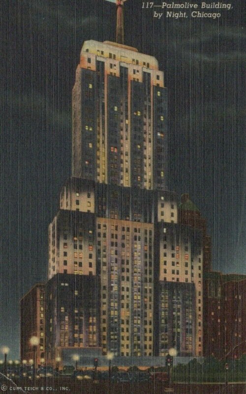 Palmolive Building By Night Chicago Posted Illinois Vintage Linen Post Card 