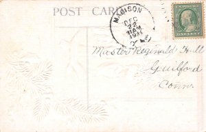 A Merry Christmas, Burgundy Robed Santa With Toys, Vintage Postcard U22086