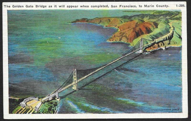 How Completed Golden Gate Bridge Will Look San Francisco California Used c1939