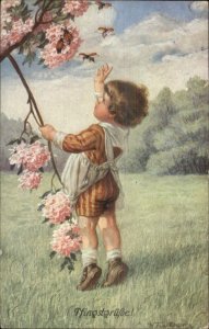 Sweet Little Boy Playing Exploring Ladybugs Beetles c1910 Postcard