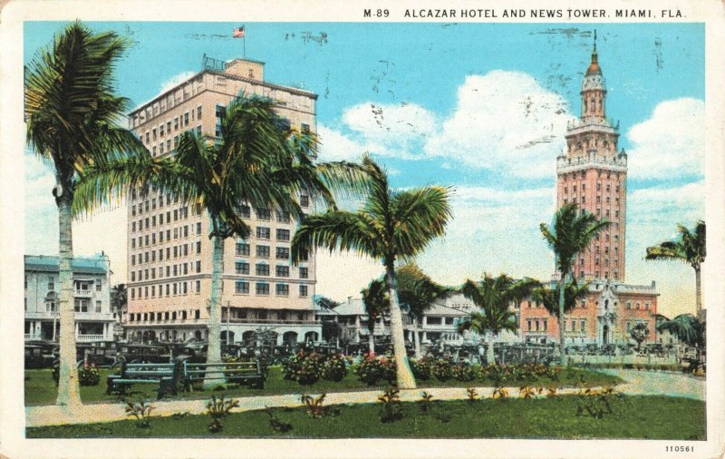 Postcard Alcazar Hotel and News Tower Miami Florida