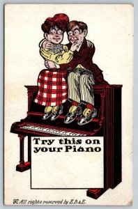 Try This On Your Piano, Couple Embraced, Antique EB&E Greetings Postcard