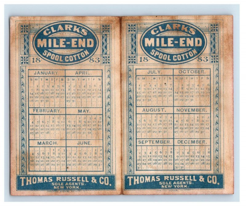 1883 Folding Pocket Calendar Clark's Mile-End Spool Cotton Thomas Russell F165