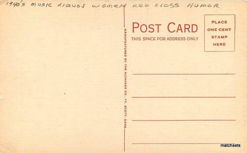 1940s Music Liquor Woman Red Cross Humor artist impression postcard 1404