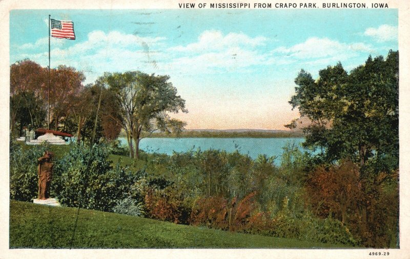 Vintage Postcard 1930 View Of Mississippi River From Crapo Park Burlington IOWA