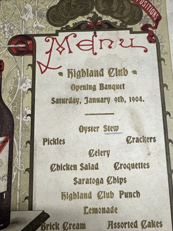 Orig 1904 HIGHLAND CLUB Scotland Banquet Menu Cantenac Brown Wine Demachey, Peck