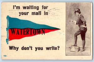 Watertown New York Postcard Pennant Mailman Woman c1912 Vintage Antique Posted