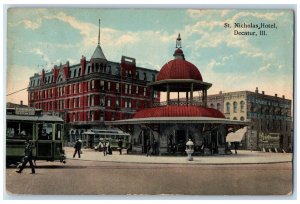 1914 Trolley Car St. Nicholas Hotel Decatur Illinois IL Antique Postcard