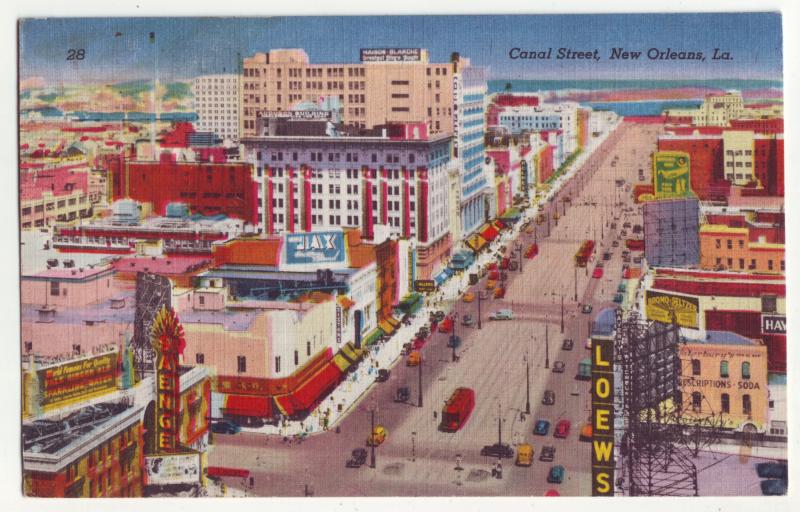 P1033 old linen card birds eye view many signs cars canal st view new orleans la