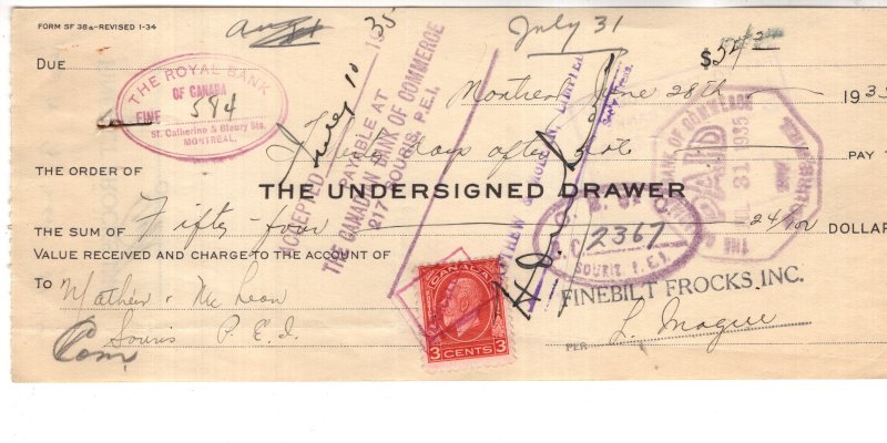 Cheque w Stamp Undersigned Finebilt Frocks Montreal, Canada, Fashion, Check