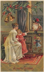 AD152 Mother child greeting Santa at window German Christmas Postcard c1908 