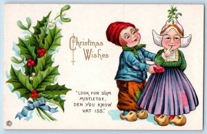 Christmas Postcard Dutch Children Holly Berries Mistletoe Embossed c1910's