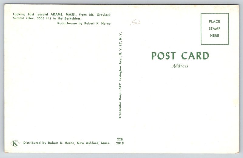 Adams Massachusetts~Berkshires~Mt Greylock Summit Panorama View~1950s Postcard