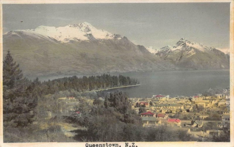 RPPC QUEENSTOWN NEW ZEALAND HAND COLORED REAL PHOTO POSTCARD (c. 1920s) !!