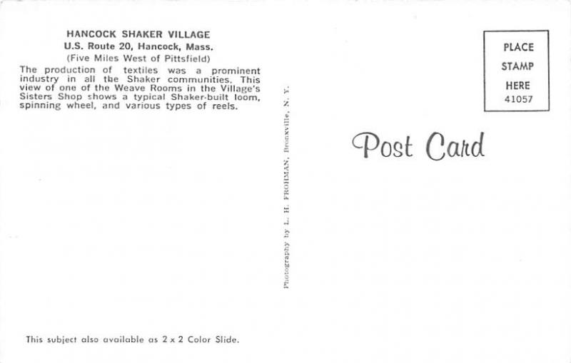 Production of Textiles was Prominent Industry Hancock, MA USA Shaker Unused 