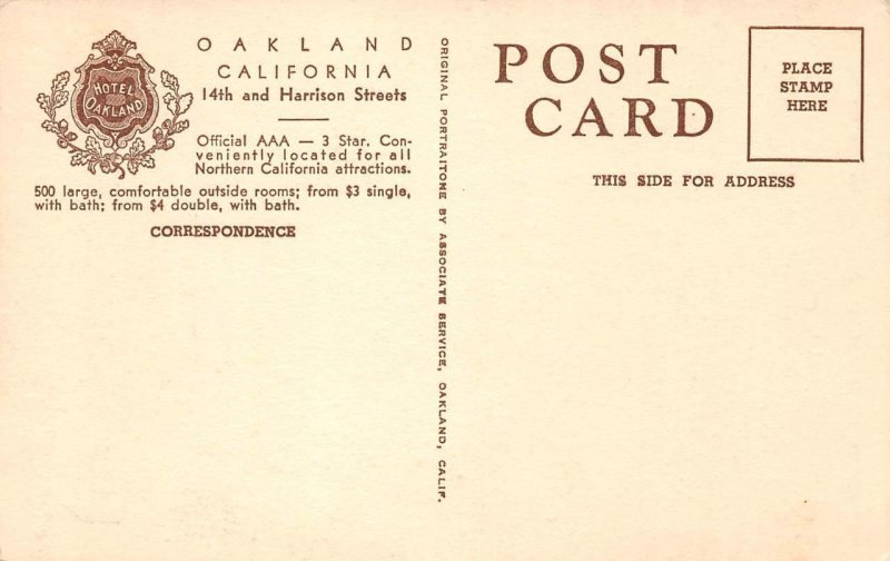 HOTEL OAKLAND Alameda County, California 14th & Harrison c1940s Vintage Postcard