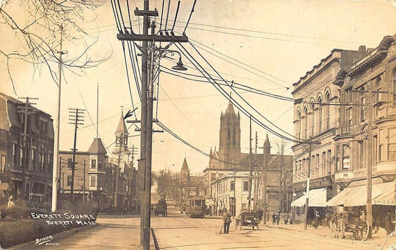 Everett MA Everett Square Storefronts 5 & !0¢ Store Church RPPC Postcard