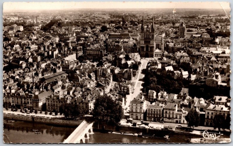 ANGERS France Aerial View Church Bridge City Posted Real Photo RPPC Postcard