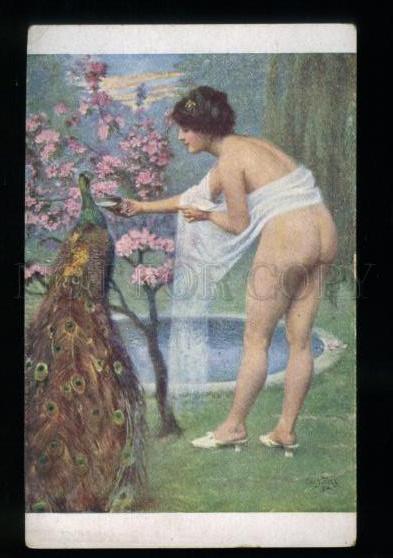 135564 NUDE Woman NYMPH & PEACOCK by PETERS vintage color PC