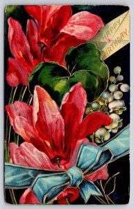Bright Bold Red Flowers & Birthday Card~Blue Bow~Gold~Emb~Germany~1909 Postcard
