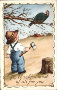 Whitney Thanksgiving Little Boy with Axe Going After Turkey Vintage Postcard