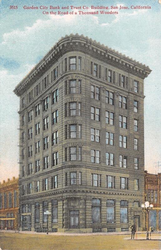 San Jose California~Garden City Bank & Trust Co Building~1910 Postcard 