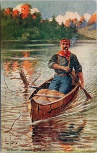 John Innes The Voyageur French Canadian Man in Canoe Cigarette Postcard H53a