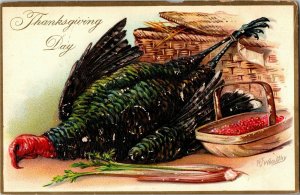 Tucks 123 Thanksgiving Turkey, Basket Cranberries Vintage Postcard F53