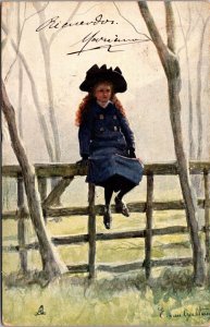 Girl Sitting on a Fence, Tucks 660 Seaside Gems Vintage Postcard V57