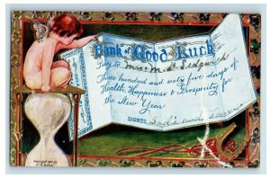 c.1910 Bank Of Good Luck Angel New Year Hour Glass Vintage Postcard F50