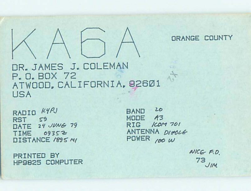 Pre-1980 RADIO CARD - Atwood - Near Anaheim & Santa Ana & Irvine CA AH2119