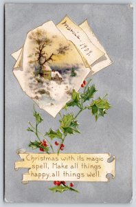 Holiday~Christmas With Its Magic Spell~Holly & Parchment~Emboss~Vintage Postcard