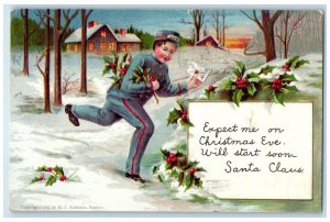 1907 Christmas Mail Man Holly Berries Embossed Boston Massachusetts MA Postcard