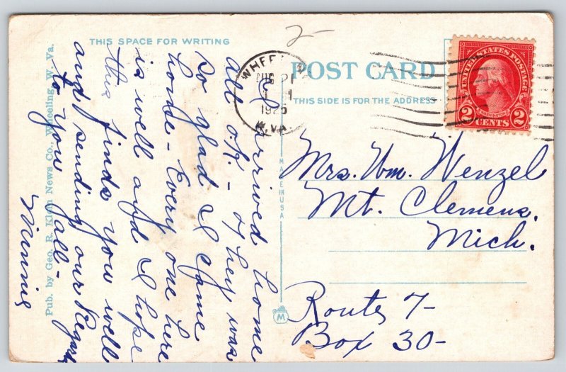 Wheeling WV~City Hall~County Bldg~Clock~Statue~Steeple~2nd Empire~1925 Postcard