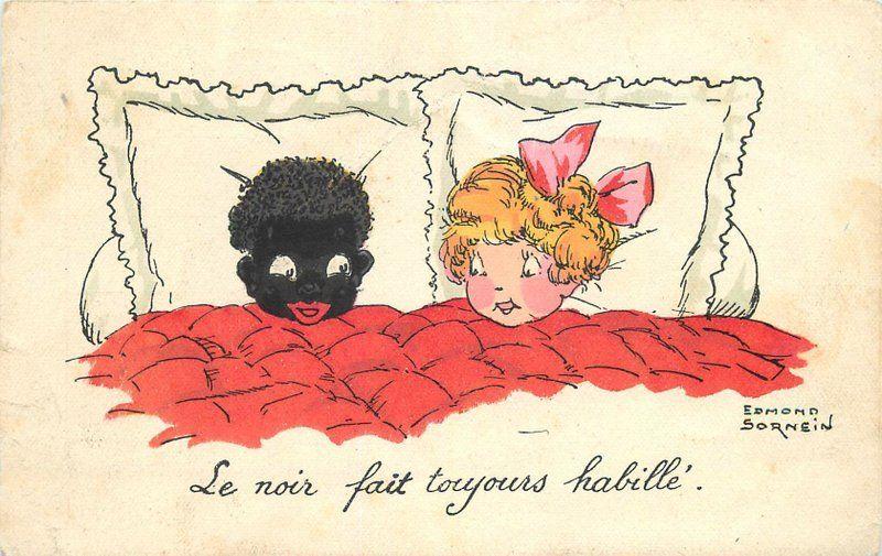 Artist impression Children in bed Sornein 1939 Interracial Love postcard 9062