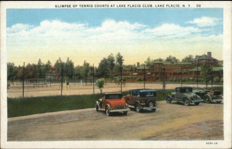 Lake Placid NY Tennis Courts at Club Old Cars c1920s Postcard