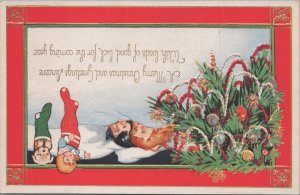 Postcard Merry Christmas and Greetings Children Sleeping Next to Stockings