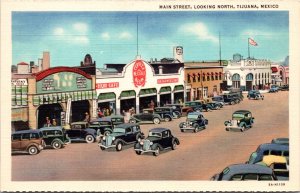 Linen Postcard Main Street, Looking North in Tijuana, Baja California, Mexico