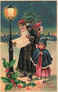 Christmas Dark Green Suited Santa Claus Toys Bag Young Girl Embossed Postcard