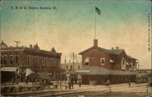 Aurora IL CB&Q RR Train Depot Station c1910 Postcard