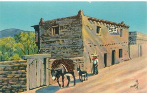 Santa Fe New Mexico NM Oldest House, Man with Donkeys  Chrome Postcard Unused