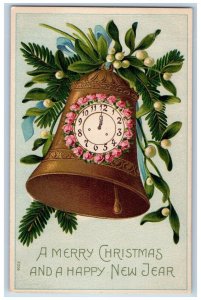 Christmas And New Year Postcard Ringing Bell Clock Mistletoe Embossed c1910's