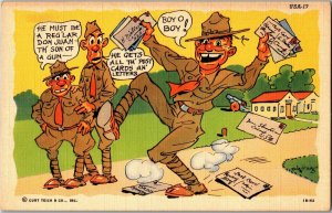 WWII Army Comic Mail Call, One Soldier Gets All the Mail Linen Postcard F28 