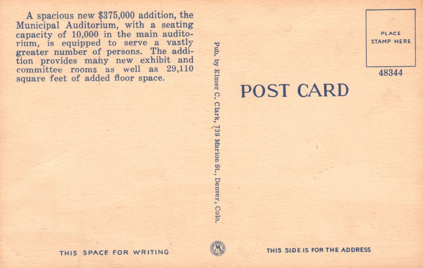 Vintage Postcard New Municipal Auditorium Exhibit Committee Denver