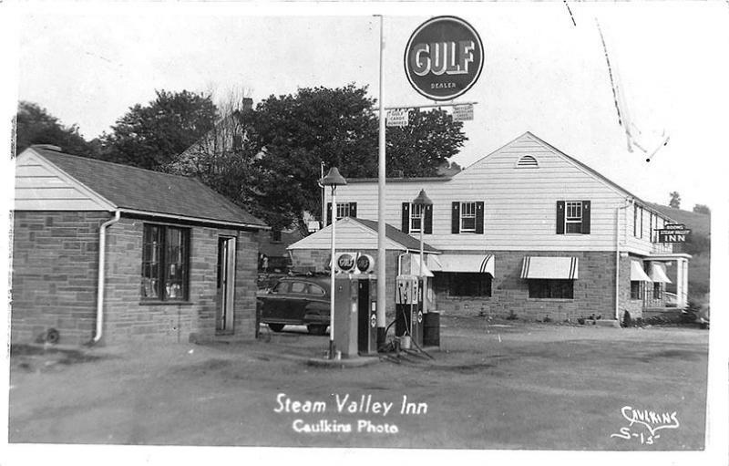 Steam Valley PA Gulf Gas Station Pumps Inn Signed Caulkins RPPC  Postcard 