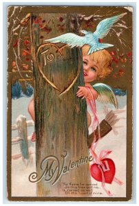 1909 Valentine Cupid Angel Heart Engraved Dove Winter Oshkosh WI Posted Postcard