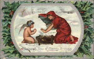 Christmas Angel Pretty Woman Warm Hands Fire Embossed c1900s-10s Postcard