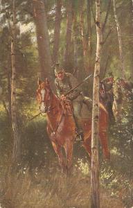 German soldiers on horse in forest Antique German postcrd